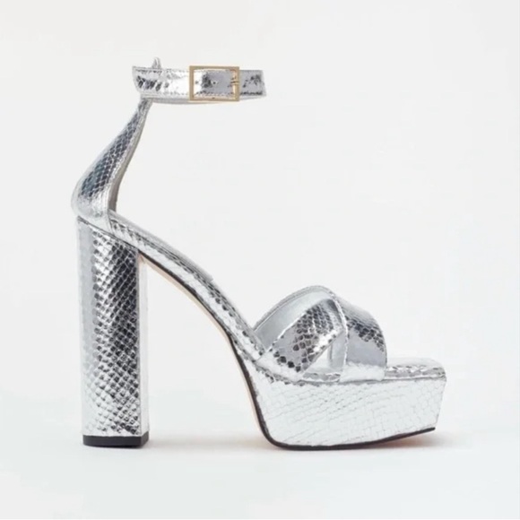 Good American Size: 9 Platform Block Heel Sandals Silver Snake - Picture 4 of 8